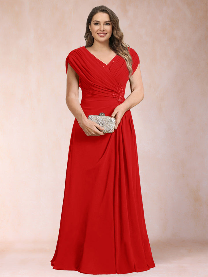 A-Line/Princess V-Neck Chiffon Ruched Plus Size Mother of the Bride Dresses with Appliques &amp; Beading