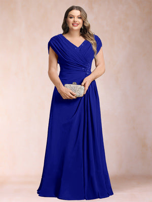 A-Line/Princess V-Neck Chiffon Ruched Plus Size Mother of the Bride Dresses with Appliques & Beading