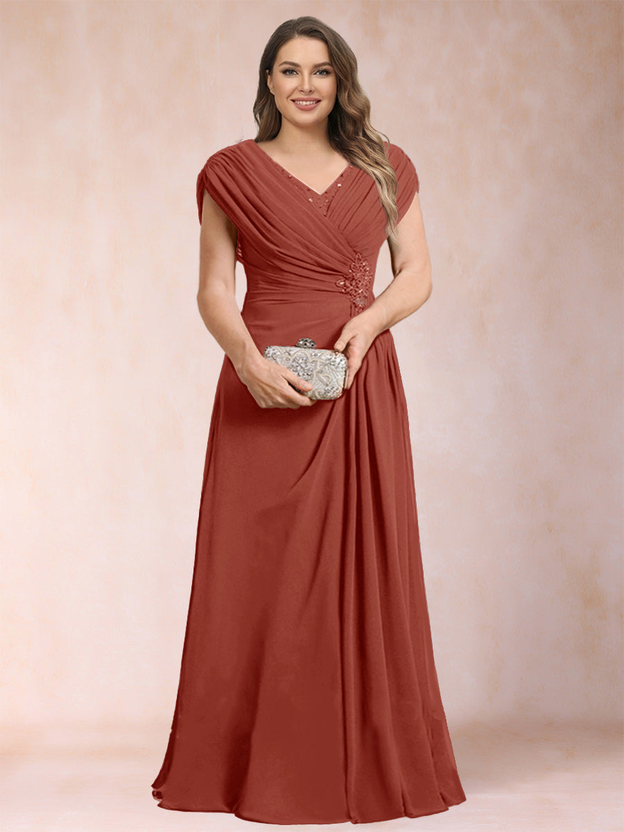 A-Line/Princess V-Neck Chiffon Ruched Plus Size Mother of the Bride Dresses with Appliques &amp; Beading