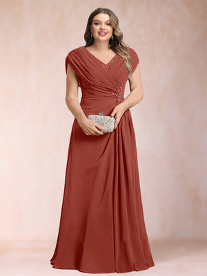 A-Line/Princess V-Neck Chiffon Ruched Plus Size Mother of the Bride Dresses with Appliques & Beading