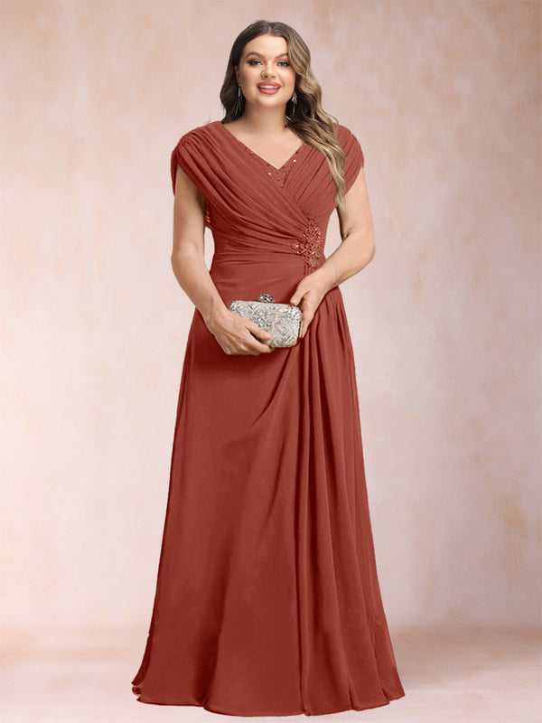 A-Line/Princess V-Neck Chiffon Ruched Plus Size Mother of the Bride Dresses with Appliques & Beading