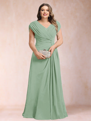 A-Line/Princess V-Neck Chiffon Ruched Plus Size Mother of the Bride Dresses with Appliques & Beading