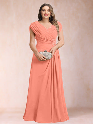 A-Line/Princess V-Neck Chiffon Ruched Plus Size Mother of the Bride Dresses with Appliques & Beading