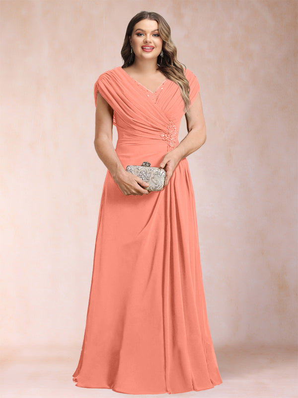 A-Line/Princess V-Neck Chiffon Ruched Plus Size Mother of the Bride Dresses with Appliques & Beading