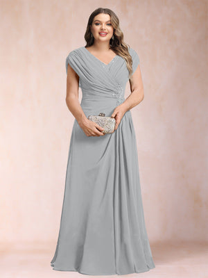 A-Line/Princess V-Neck Chiffon Ruched Plus Size Mother of the Bride Dresses with Appliques & Beading