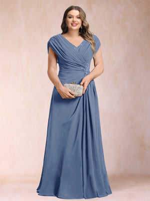 A-Line/Princess V-Neck Chiffon Ruched Plus Size Mother of the Bride Dresses with Appliques & Beading