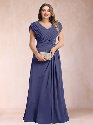 A-Line/Princess V-Neck Chiffon Ruched Plus Size Mother of the Bride Dresses with Appliques & Beading
