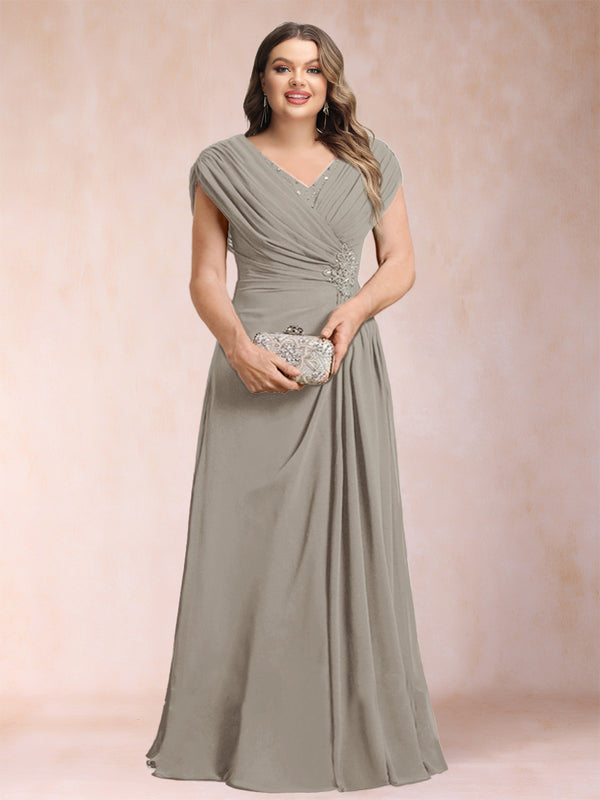 A-Line/Princess V-Neck Chiffon Ruched Plus Size Mother of the Bride Dresses with Appliques & Beading