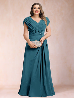 A-Line/Princess V-Neck Chiffon Ruched Plus Size Mother of the Bride Dresses with Appliques & Beading