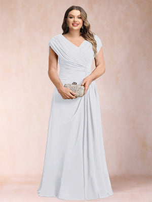 A-Line/Princess V-Neck Chiffon Ruched Plus Size Mother of the Bride Dresses with Appliques & Beading