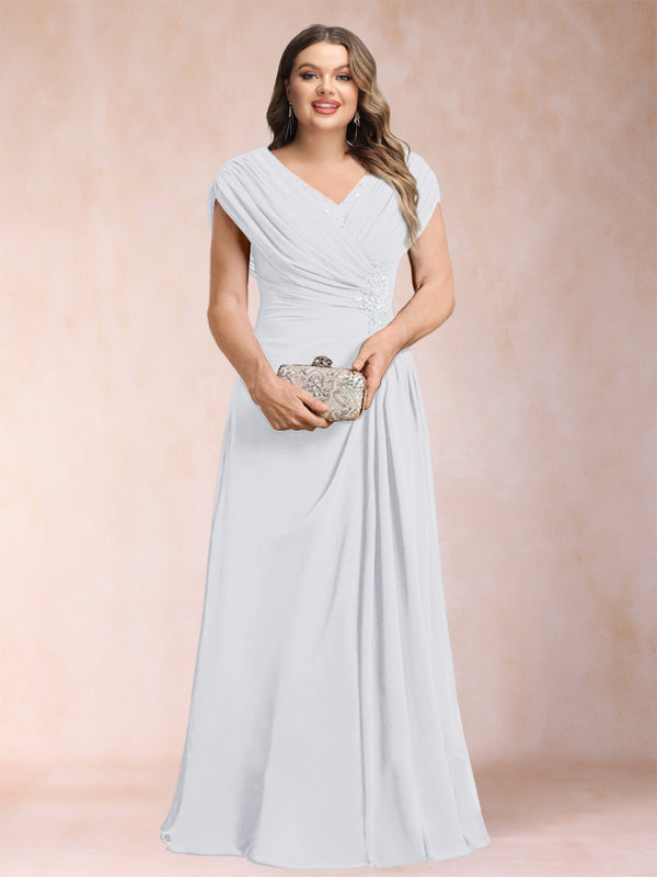 A-Line/Princess V-Neck Chiffon Ruched Plus Size Mother of the Bride Dresses with Appliques & Beading