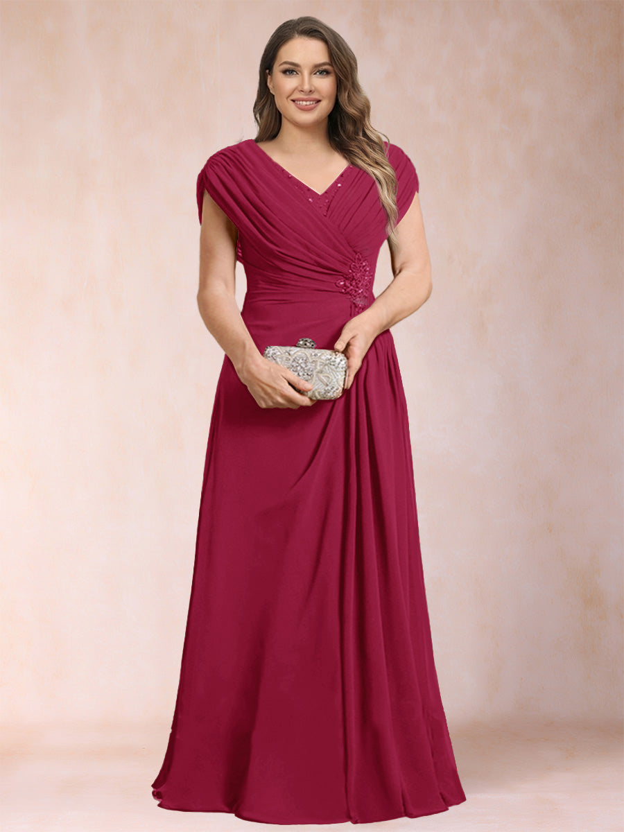 A-Line/Princess V-Neck Chiffon Ruched Plus Size Mother of the Bride Dresses with Appliques &amp; Beading