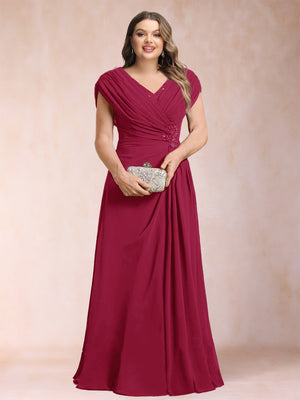 A-Line/Princess V-Neck Chiffon Ruched Plus Size Mother of the Bride Dresses with Appliques & Beading