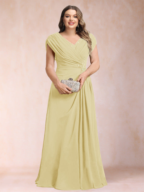 A-Line/Princess V-Neck Chiffon Ruched Plus Size Mother of the Bride Dresses with Appliques & Beading