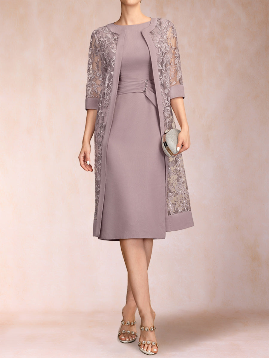 Sheath/Column Scoop Chiffon Ruched Mother of the Bride Dresses with Jacket &amp; Rhinestone