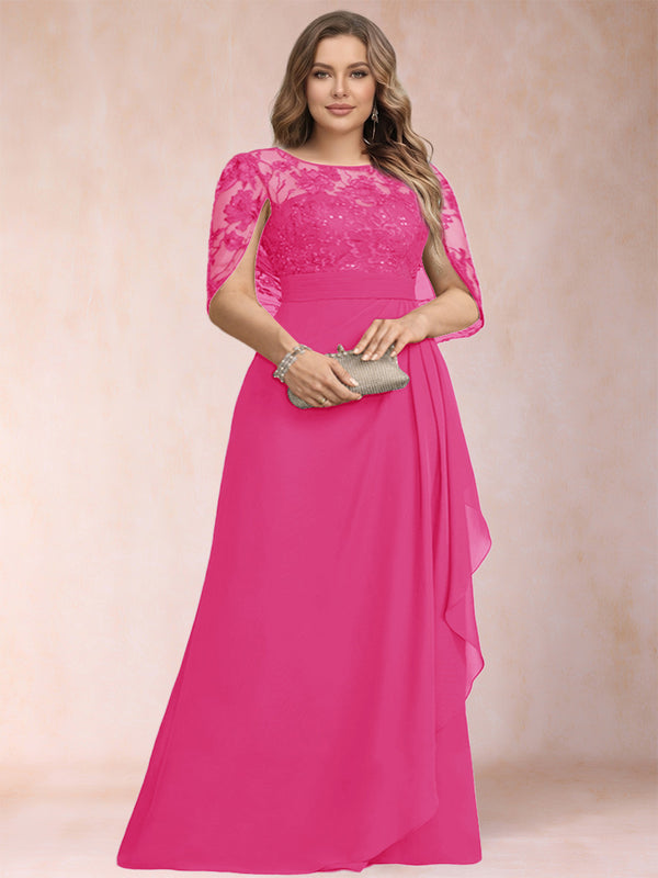 A-Line/Princess Scoop Chiffon Plus Size Mother of the Bride Dresses with Appliques & Ruffles