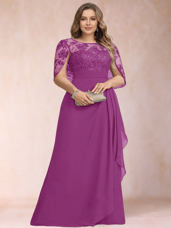 A-Line/Princess Scoop Chiffon Plus Size Mother of the Bride Dresses with Appliques & Ruffles