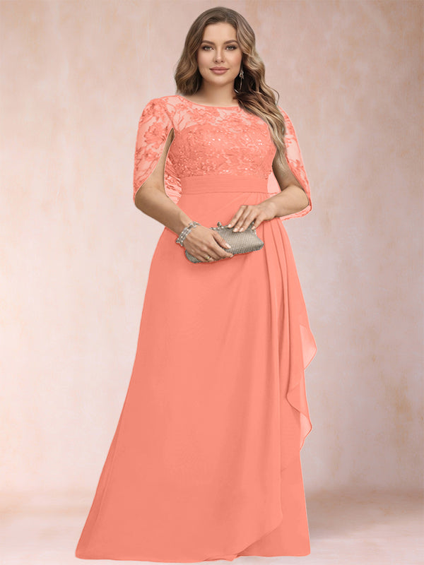 A-Line/Princess Scoop Chiffon Plus Size Mother of the Bride Dresses with Appliques & Ruffles