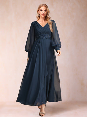 A-Line/Princess V-Neck Long Sleeves Mother of the Bride Dresses with Rhinestone & Ruffles