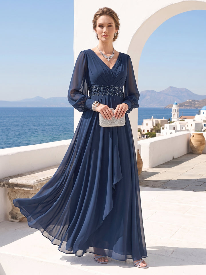 A-Line/Princess V-Neck Long Sleeves Mother of the Bride Dresses with Rhinestone &amp; Ruffles