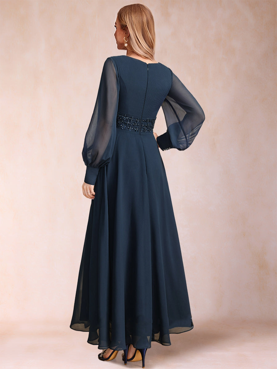 A-Line/Princess V-Neck Long Sleeves Mother of the Bride Dresses with Rhinestone & Ruffles