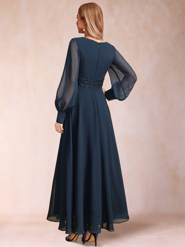 A-Line/Princess V-Neck Long Sleeves Mother of the Bride Dresses with Rhinestone & Ruffles