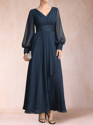 A-Line/Princess V-Neck Long Sleeves Mother of the Bride Dresses with Rhinestone & Ruffles