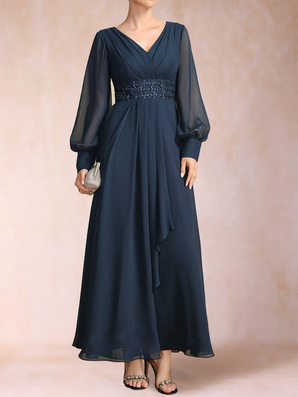 A-Line/Princess V-Neck Long Sleeves Mother of the Bride Dresses with Rhinestone & Ruffles