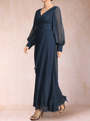A-Line/Princess V-Neck Long Sleeves Mother of the Bride Dresses with Rhinestone & Ruffles