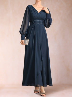 A-Line/Princess V-Neck Long Sleeves Mother of the Bride Dresses with Rhinestone & Ruffles