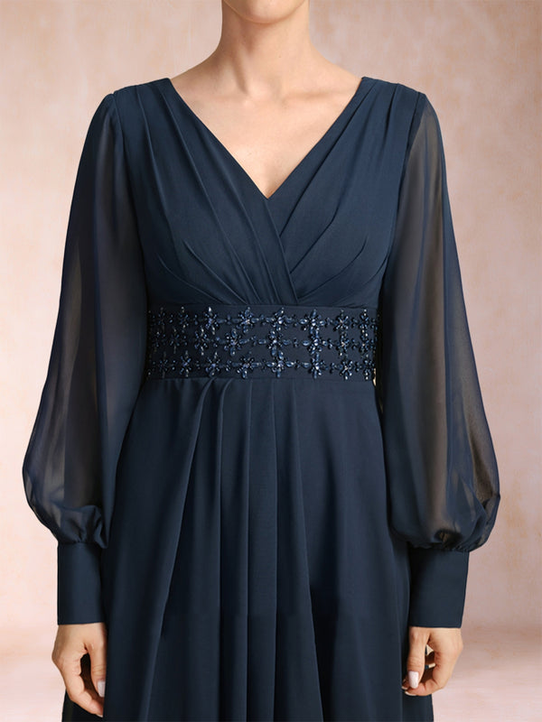 A-Line/Princess V-Neck Long Sleeves Mother of the Bride Dresses with Rhinestone & Ruffles
