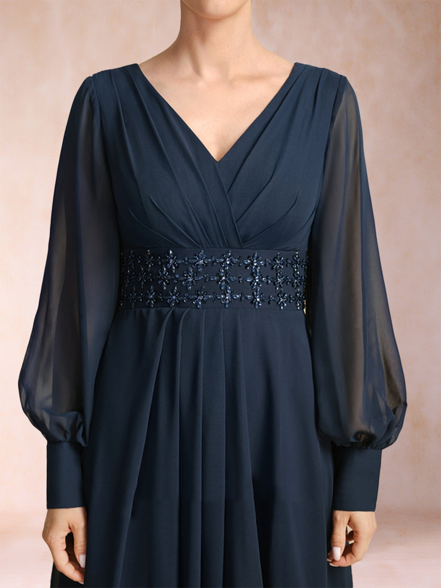 A-Line/Princess V-Neck Long Sleeves Mother of the Bride Dresses with Rhinestone & Ruffles