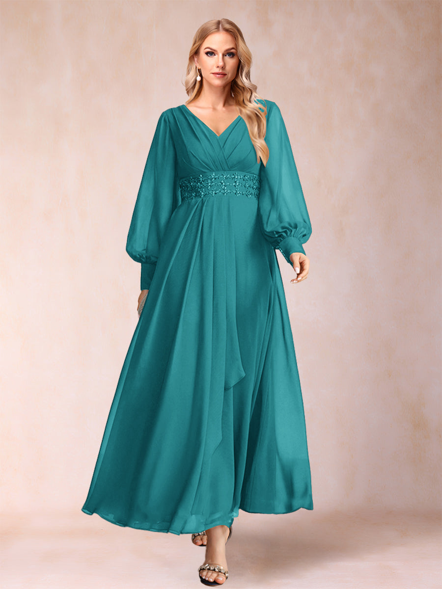 A-Line/Princess V-Neck Long Sleeves Mother of the Bride Dresses with Rhinestone &amp; Ruffles