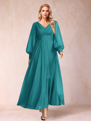 A-Line/Princess V-Neck Long Sleeves Mother of the Bride Dresses with Rhinestone & Ruffles