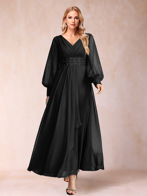 A-Line/Princess V-Neck Long Sleeves Mother of the Bride Dresses with Rhinestone & Ruffles