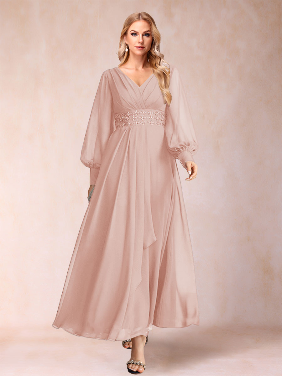 A-Line/Princess V-Neck Long Sleeves Mother of the Bride Dresses with Rhinestone &amp; Ruffles