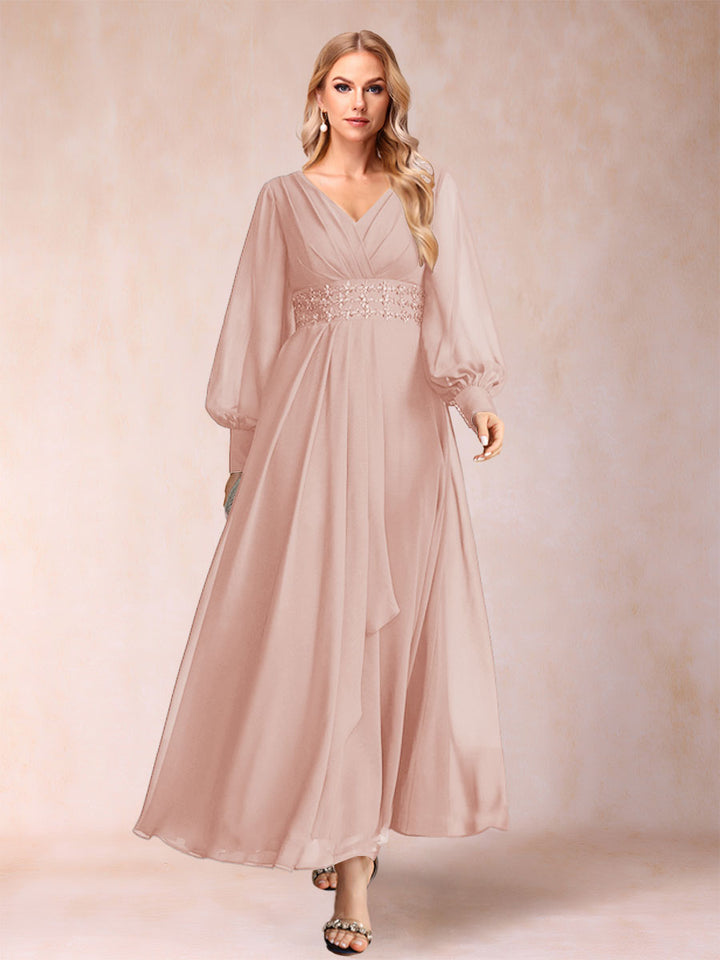 A-Line/Princess V-Neck Long Sleeves Mother of the Bride Dresses with Rhinestone &amp; Ruffles