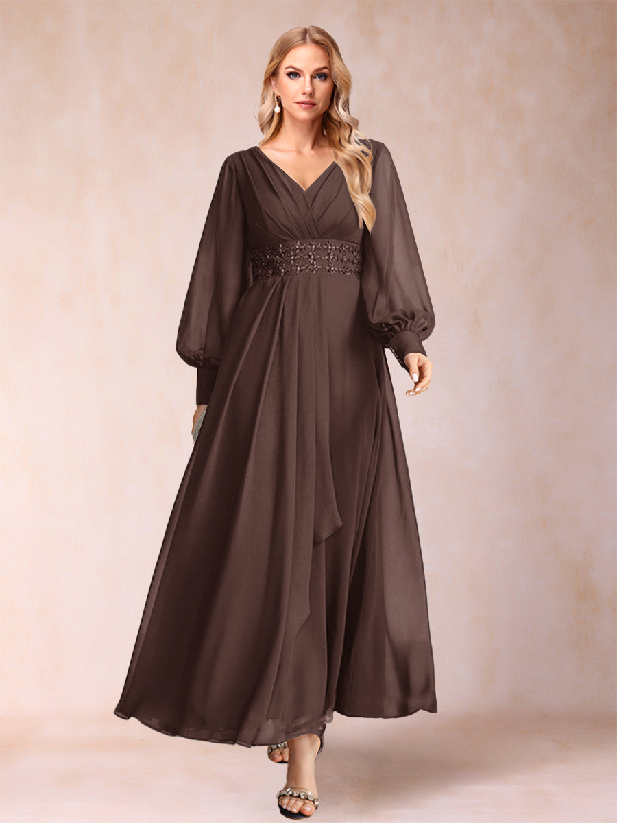 A-Line/Princess V-Neck Long Sleeves Mother of the Bride Dresses with Rhinestone &amp; Ruffles