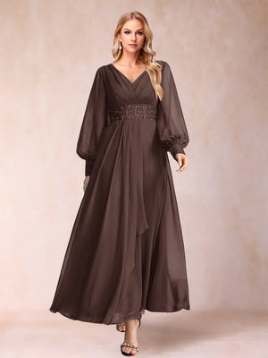 A-Line/Princess V-Neck Long Sleeves Mother of the Bride Dresses with Rhinestone & Ruffles