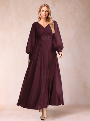 A-Line/Princess V-Neck Long Sleeves Mother of the Bride Dresses with Rhinestone & Ruffles