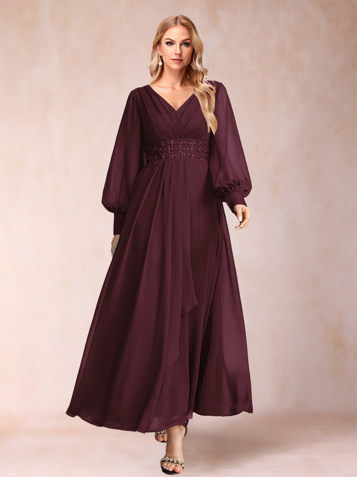 A-Line/Princess V-Neck Long Sleeves Mother of the Bride Dresses with Rhinestone &amp; Ruffles