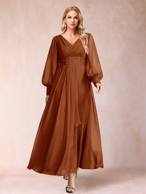 A-Line/Princess V-Neck Long Sleeves Mother of the Bride Dresses with Rhinestone & Ruffles