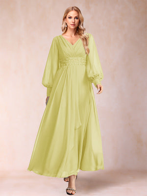 A-Line/Princess V-Neck Long Sleeves Mother of the Bride Dresses with Rhinestone & Ruffles