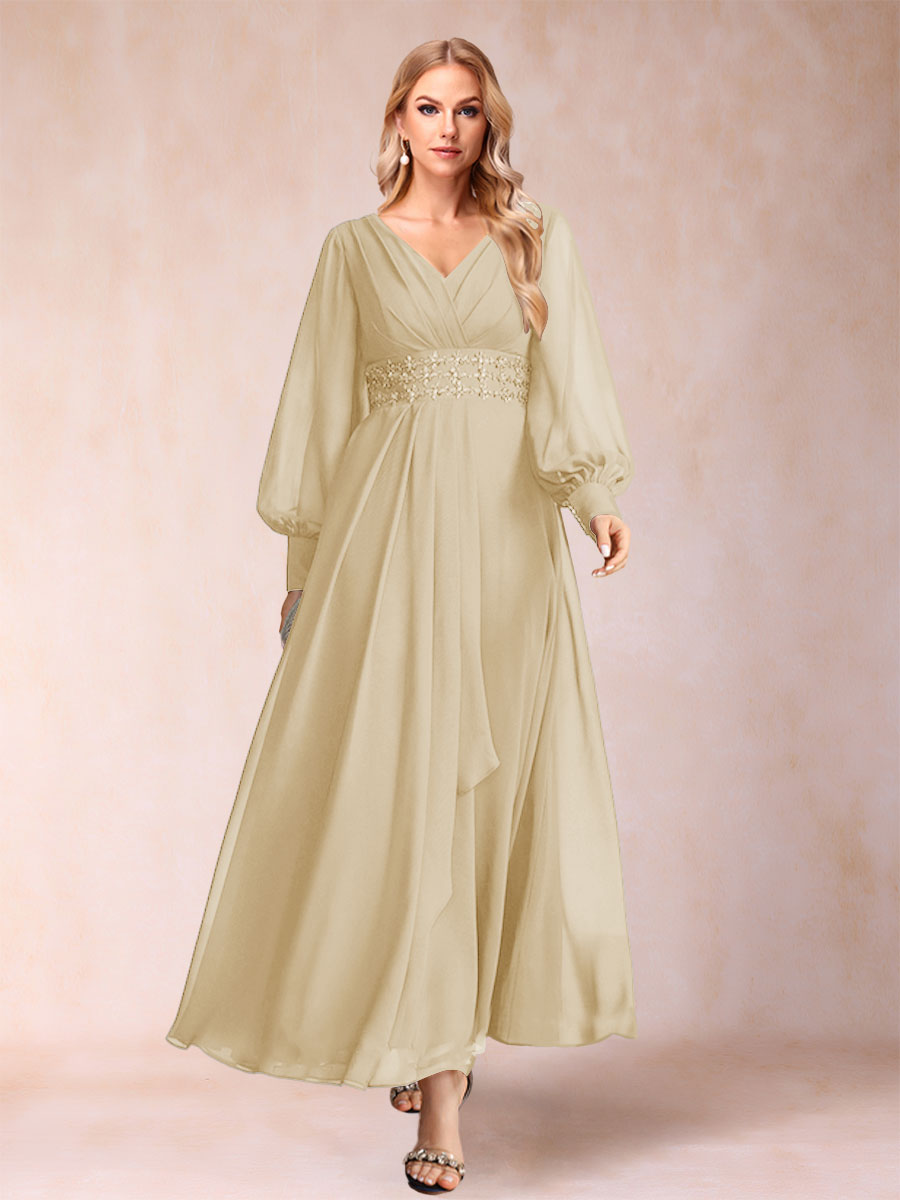 A-Line/Princess V-Neck Long Sleeves Mother of the Bride Dresses with Rhinestone &amp; Ruffles