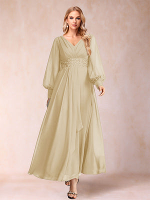 A-Line/Princess V-Neck Long Sleeves Mother of the Bride Dresses with Rhinestone & Ruffles