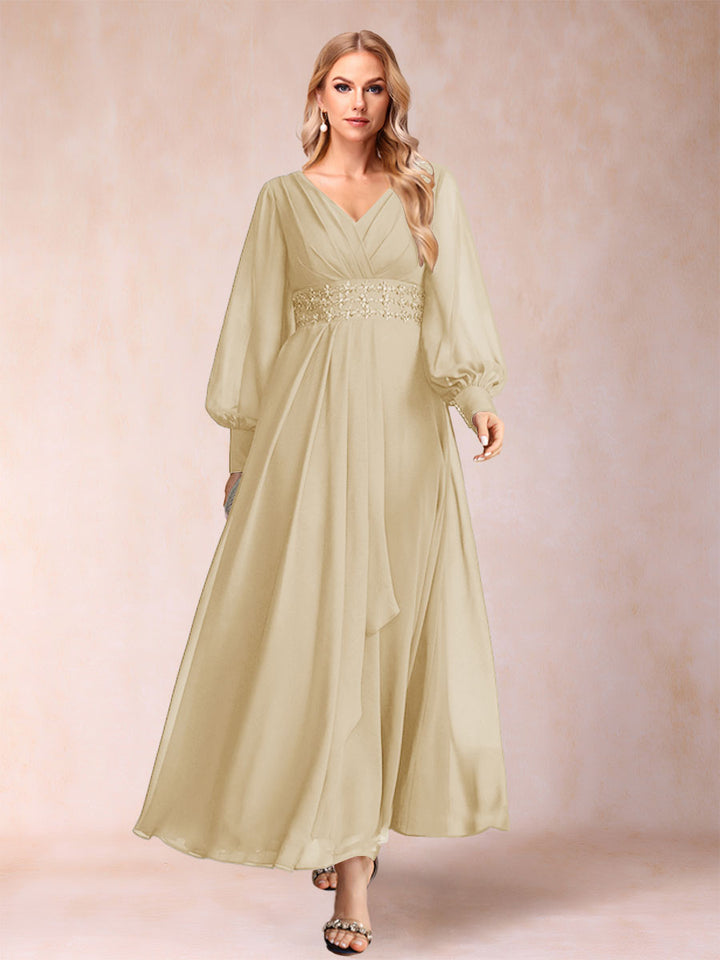 A-Line/Princess V-Neck Long Sleeves Mother of the Bride Dresses with Rhinestone &amp; Ruffles