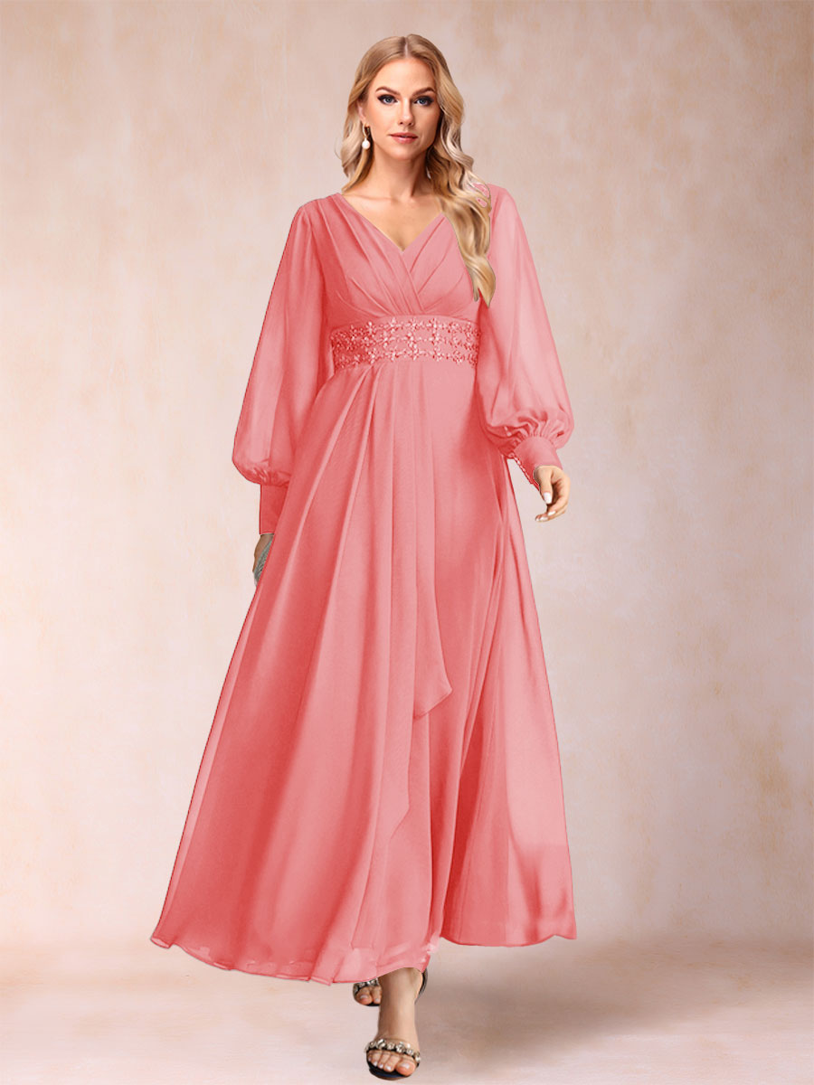 A-Line/Princess V-Neck Long Sleeves Mother of the Bride Dresses with Rhinestone &amp; Ruffles