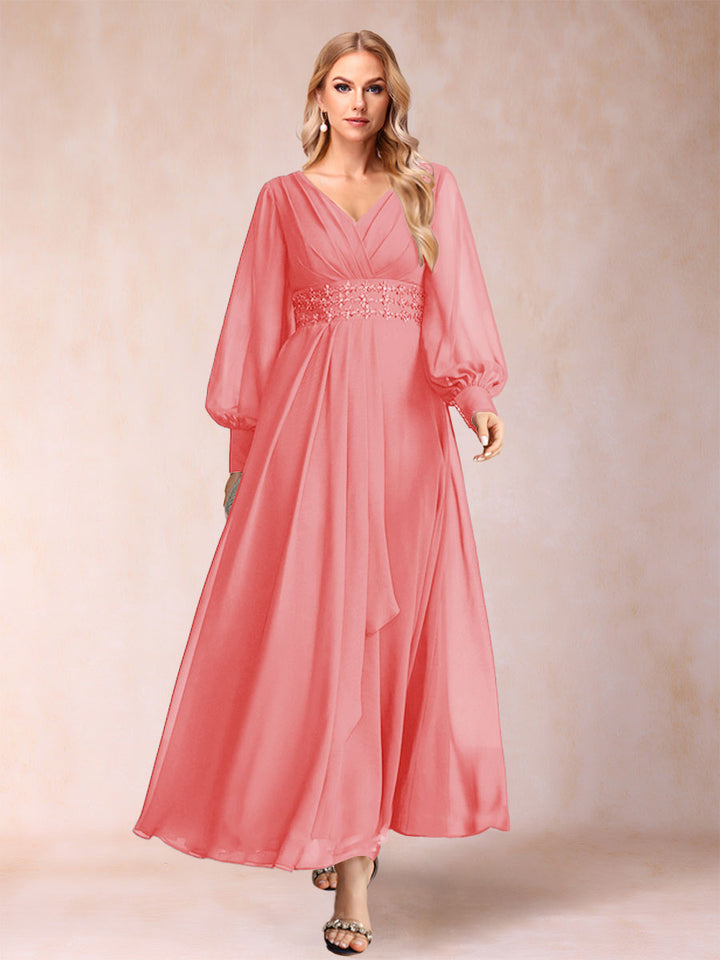 A-Line/Princess V-Neck Long Sleeves Mother of the Bride Dresses with Rhinestone &amp; Ruffles