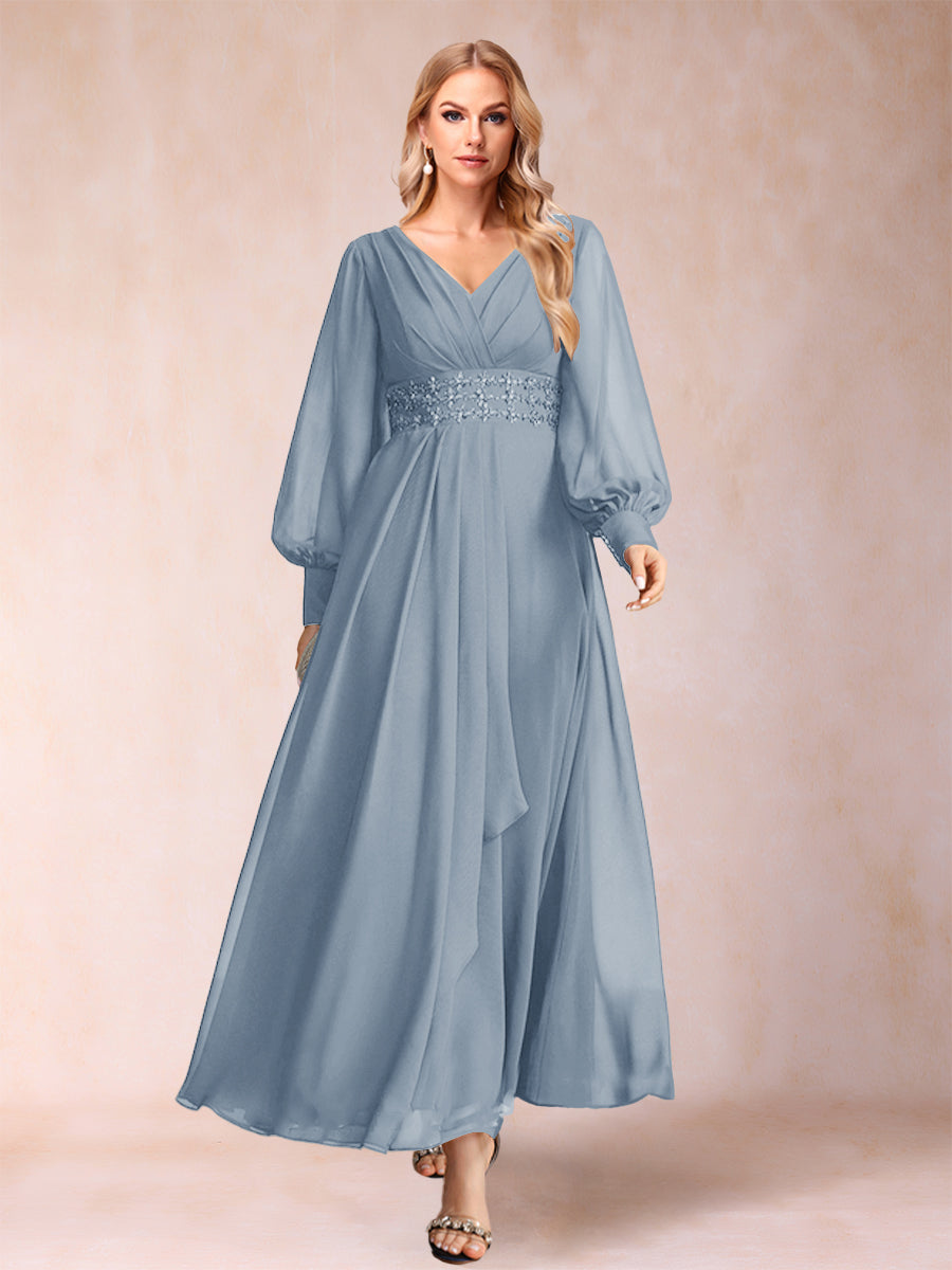 A-Line/Princess V-Neck Long Sleeves Mother of the Bride Dresses with Rhinestone &amp; Ruffles