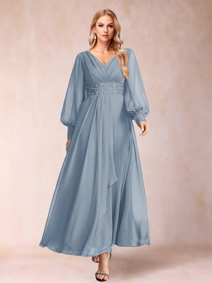 A-Line/Princess V-Neck Long Sleeves Mother of the Bride Dresses with Rhinestone & Ruffles